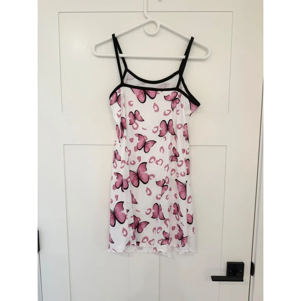 Pink Butterfly Print Nightgown Dress Black Trim Lettuce Hem Sleepwear Medium